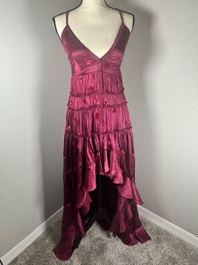 Rococo Sand Nana Star Sequin High-Low Maxi Dress Burgundy XS